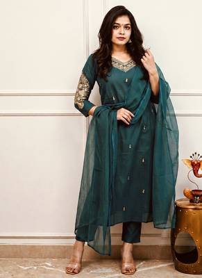 Navy-blue party wear embroidery silk blend kurta with pant and dupatta 2