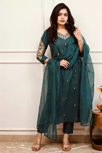 Navy-blue party wear embroidery silk blend kurta with pant and dupatta