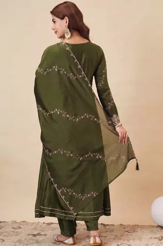 Mehendi party wear embroidery vichitra silk blend kurta with pant and dupatta