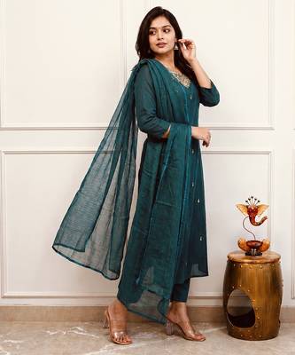 Navy-blue party wear embroidery silk blend kurta with pant and dupatta 3