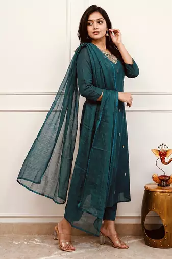 Navy-blue party wear embroidery silk blend kurta with pant and dupatta