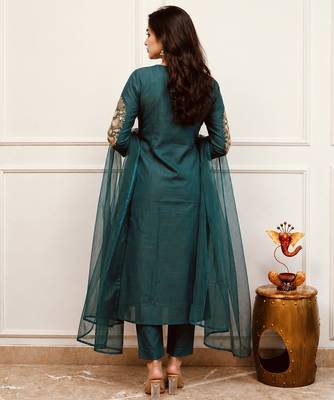 Navy-blue party wear embroidery silk blend kurta with pant and dupatta 4