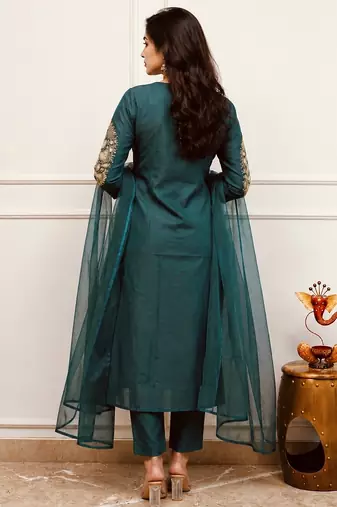 Navy-blue party wear embroidery silk blend kurta with pant and dupatta