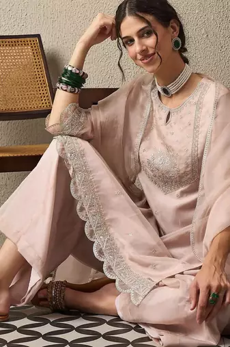 Peach party wear embroidery organza kurta with plazzo and dupatta