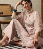 Peach party wear embroidery organza kurta with plazzo and dupatta