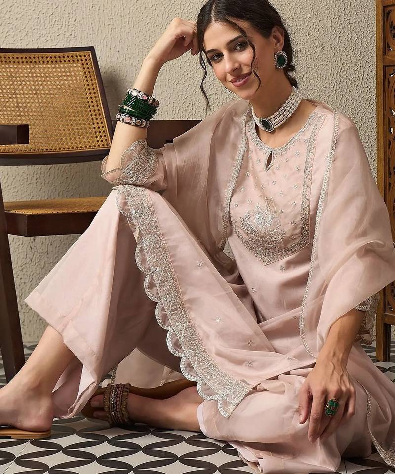 Peach party wear embroidery organza kurta with plazzo and dupatta