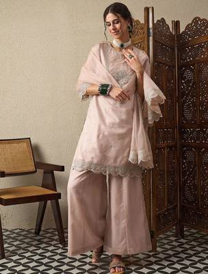 Peach party wear embroidery organza kurta with plazzo and dupatta 2