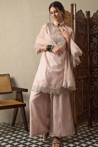 Peach party wear embroidery organza kurta with plazzo and dupatta