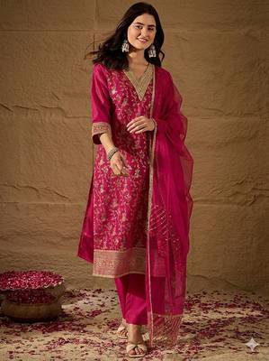 Rani party wear embroidery chanderi kurta with pant and dupatta 1