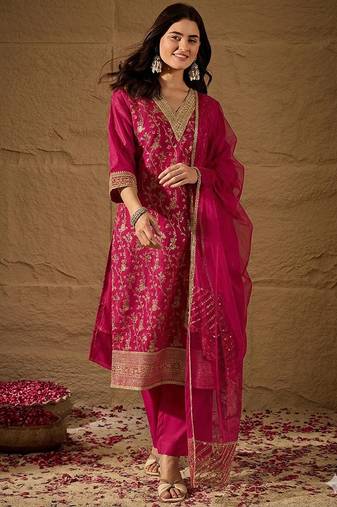Rani party wear embroidery chanderi kurta with pant and dupatta