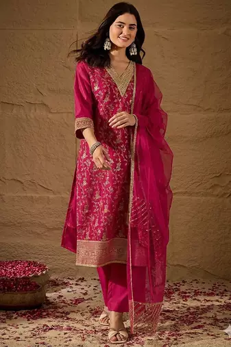 Rani party wear embroidery chanderi kurta with pant and dupatta