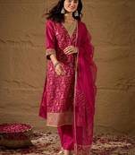 Rani party wear embroidery chanderi kurta with pant and dupatta