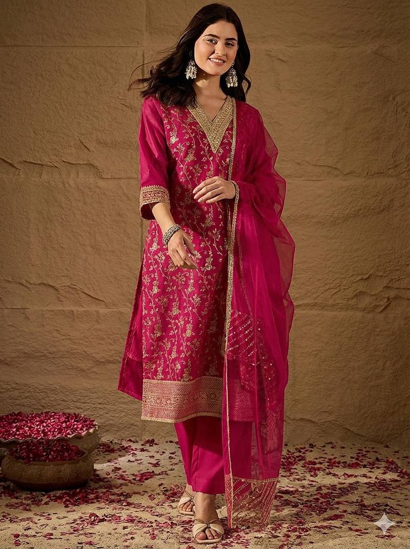 Rani party wear embroidery chanderi kurta with pant and dupatta