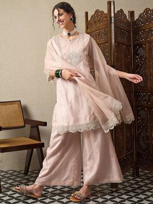 Peach party wear embroidery organza kurta with plazzo and dupatta 3