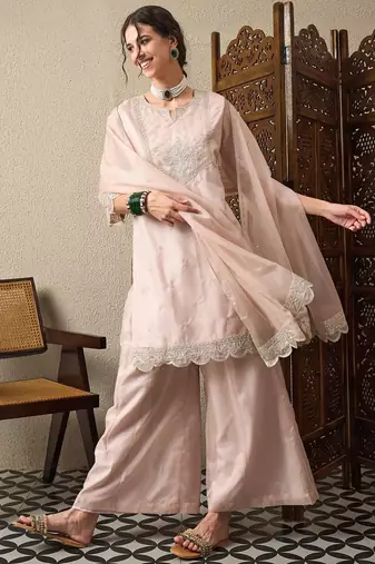 Peach party wear embroidery organza kurta with plazzo and dupatta