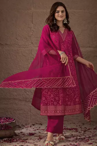 Rani party wear embroidery chanderi kurta with pant and dupatta