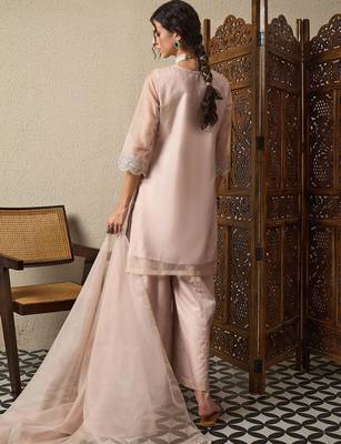 Peach party wear embroidery organza kurta with plazzo and dupatta 4