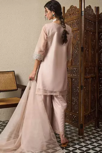 Peach party wear embroidery organza kurta with plazzo and dupatta