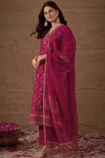 Rani party wear embroidery chanderi kurta with pant and dupatta