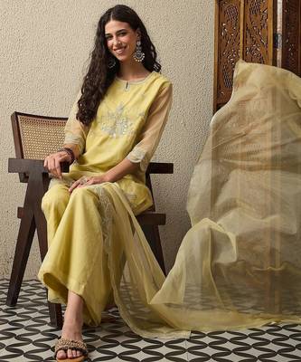 Yellow party wear embroidery organza kurta with plazzo and dupatta 1