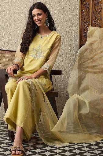 Yellow party wear embroidery organza kurta with plazzo and dupatta