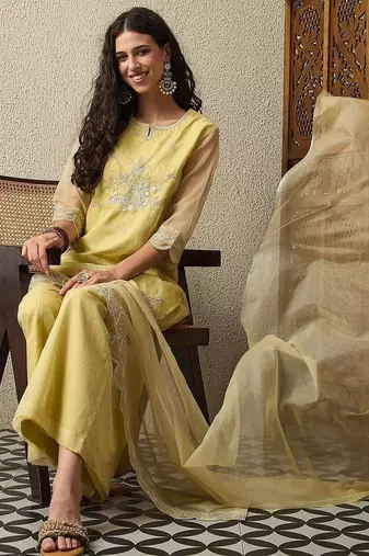 Yellow party wear embroidery organza kurta with plazzo and dupatta