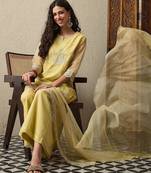 Yellow party wear embroidery organza kurta with plazzo and dupatta