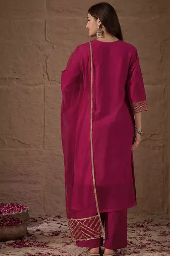 Rani party wear embroidery chanderi kurta with pant and dupatta