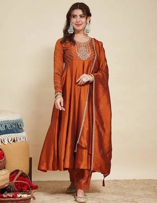 Rust party wear embroidery vichitra silk blend kurta with pant and dupatta 1