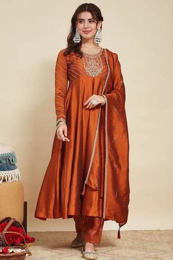 Rust party wear embroidery vichitra silk blend kurta with pant and dupatta