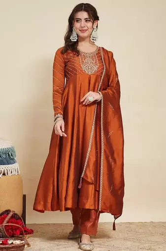 Rust party wear embroidery vichitra silk blend kurta with pant and dupatta