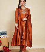 Rust party wear embroidery vichitra silk blend kurta with pant and dupatta