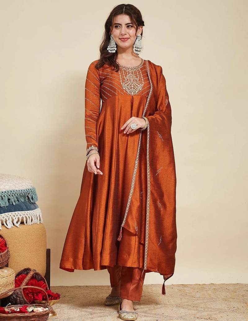 Rust party wear embroidery vichitra silk blend kurta with pant and dupatta