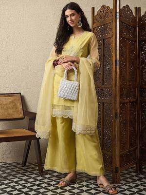 Yellow party wear embroidery organza kurta with plazzo and dupatta 2