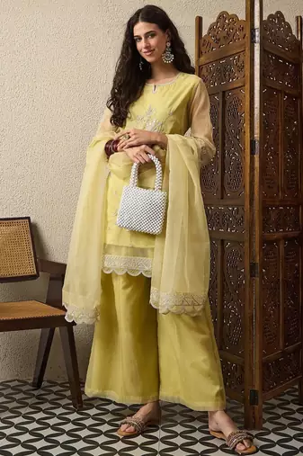 Yellow party wear embroidery organza kurta with plazzo and dupatta
