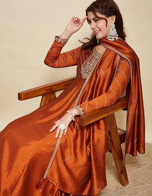 Rust party wear embroidery vichitra silk blend kurta with pant and dupatta 2