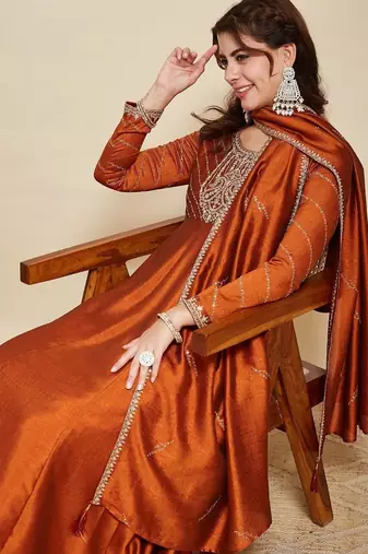 Rust party wear embroidery vichitra silk blend kurta with pant and dupatta