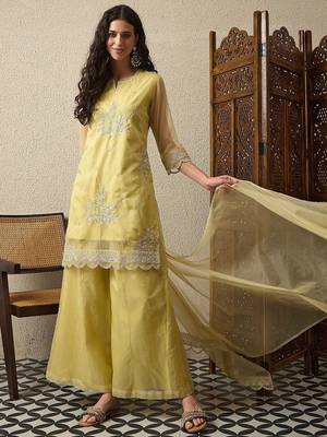 Yellow party wear embroidery organza kurta with plazzo and dupatta 3