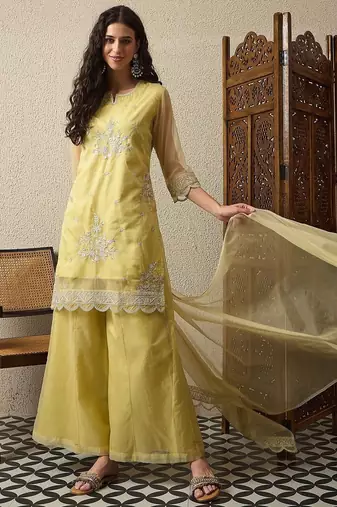 Yellow party wear embroidery organza kurta with plazzo and dupatta