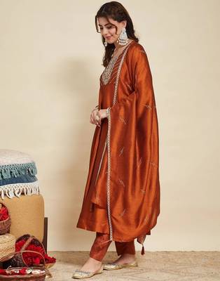 Rust party wear embroidery vichitra silk blend kurta with pant and dupatta 3