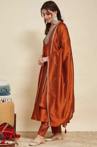 Rust party wear embroidery vichitra silk blend kurta with pant and dupatta