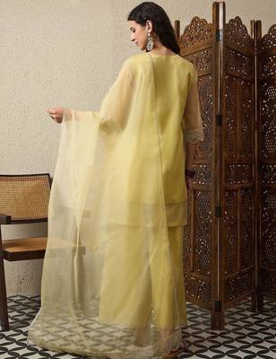 Yellow party wear embroidery organza kurta with plazzo and dupatta 4