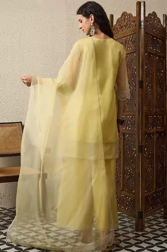 Yellow party wear embroidery organza kurta with plazzo and dupatta