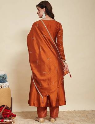 Rust party wear embroidery vichitra silk blend kurta with pant and dupatta 4