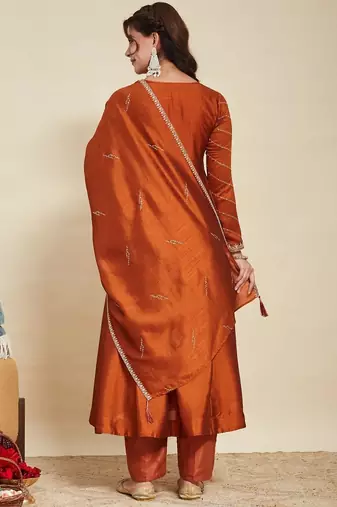 Rust party wear embroidery vichitra silk blend kurta with pant and dupatta