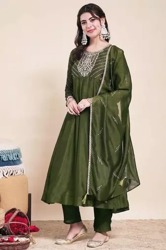 Mehendi party wear embroidery vichitra silk blend kurta with pant and dupatta