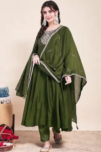 Mehendi party wear embroidery vichitra silk blend kurta with pant and dupatta