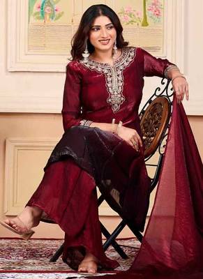 Maroon party wear embroidery silk blend kurta with plazzo and dupatta 1