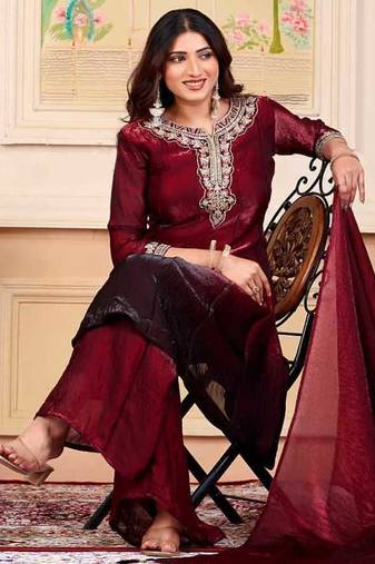 Maroon party wear embroidery silk blend kurta with plazzo and dupatta