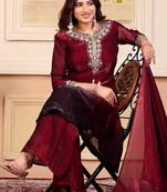 Maroon party wear embroidery silk blend kurta with plazzo and dupatta